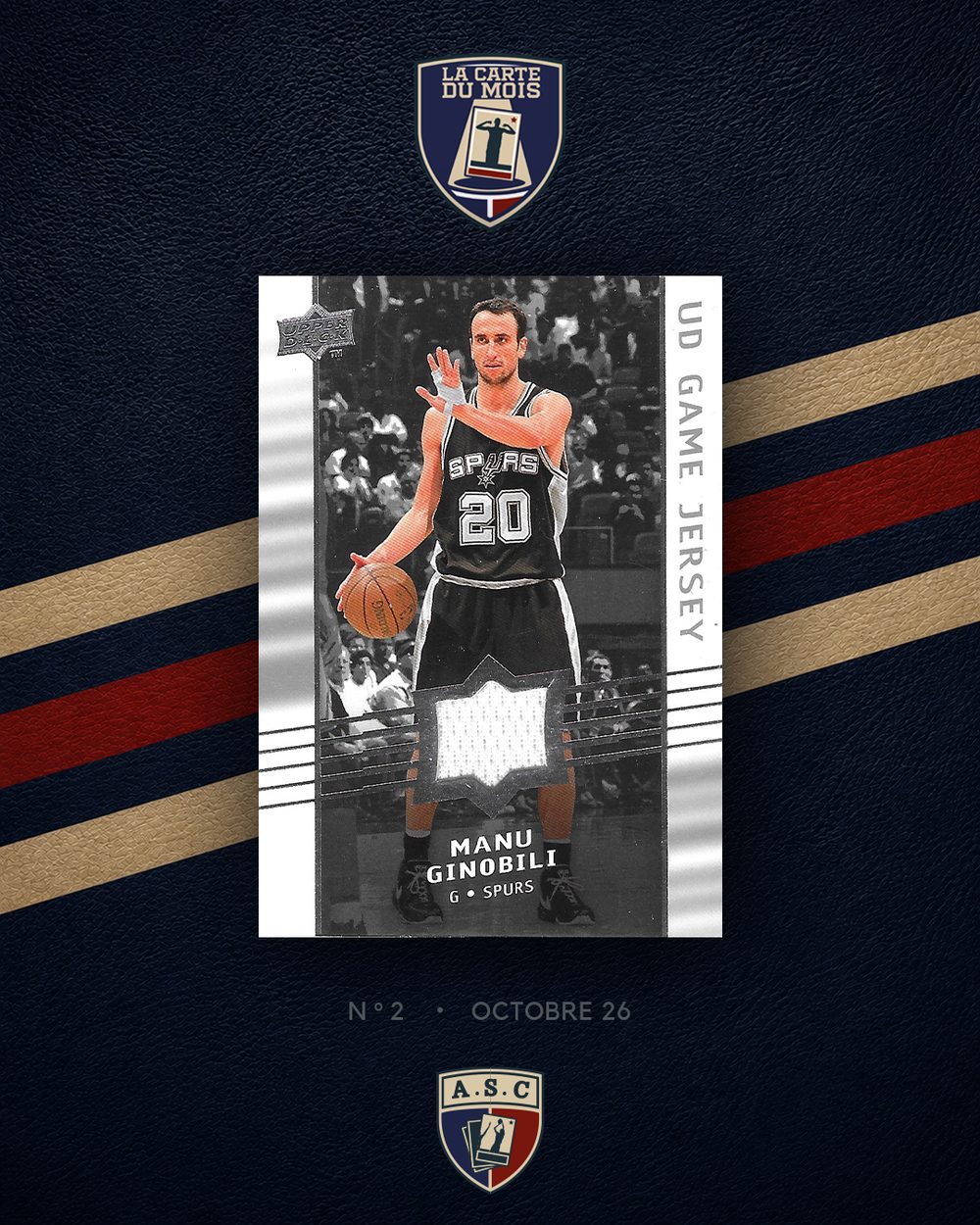 Manu Ginóbili · 2008-09 Upper Deck - UD Game Jerseys #GA-MG - Un morceau de maillot porté en match, incrusté dans la carte, sortie l'année suivant son trophée de sixième homme.
